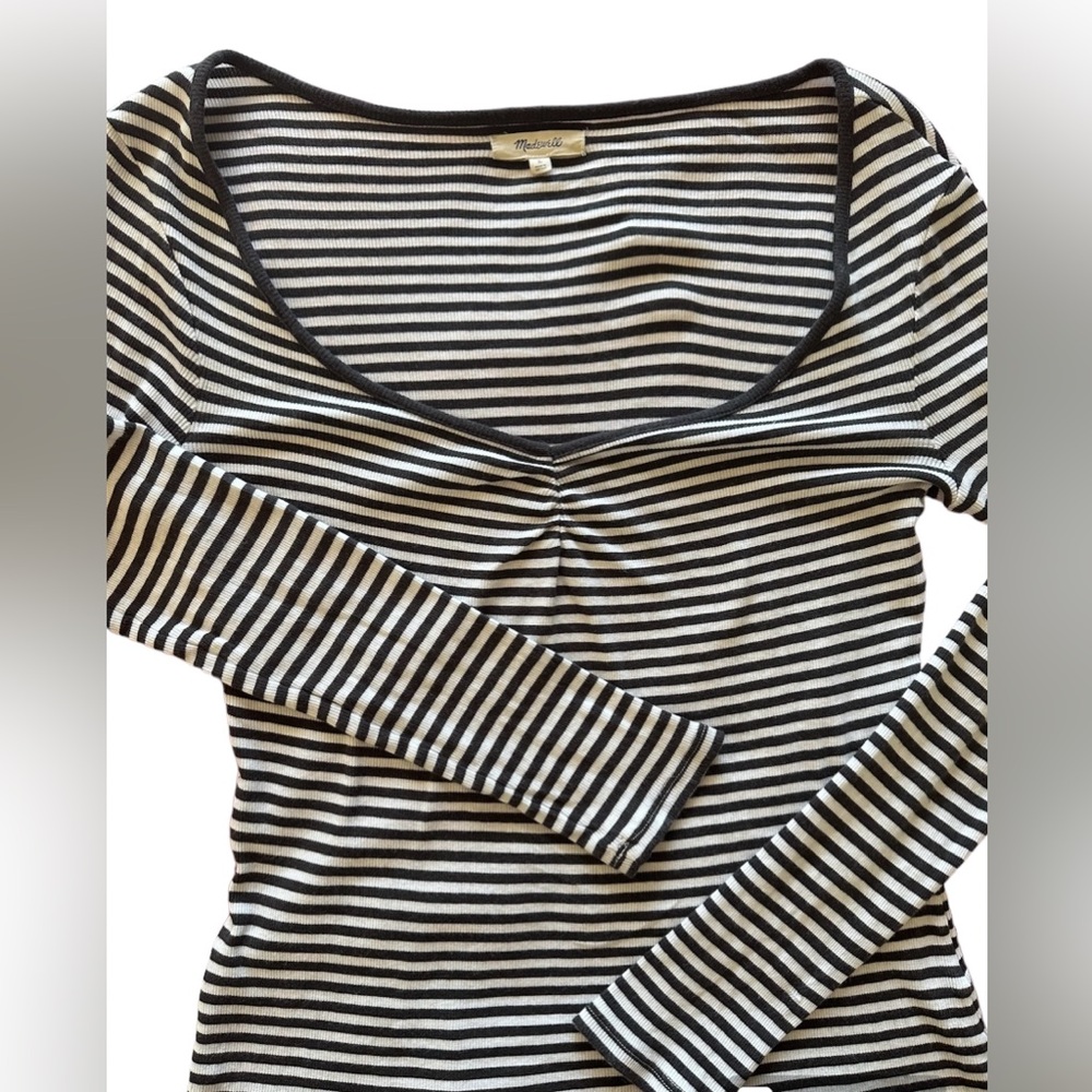 Madewell Ribbed Striped Sweetheart Neck Long Sleeve Top Fitted Women’s L - Picture 4 of 4
